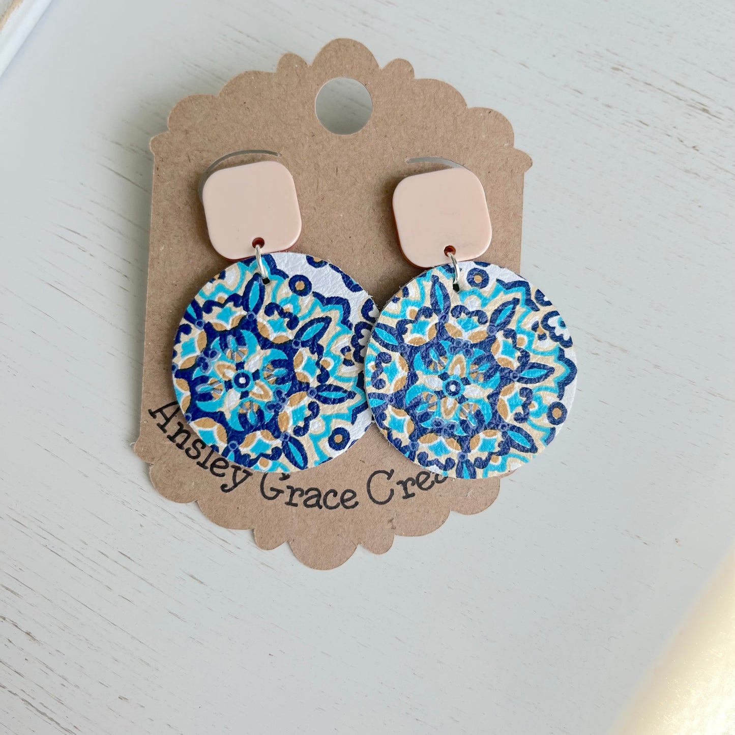 Printed Leather Medallion Earrings