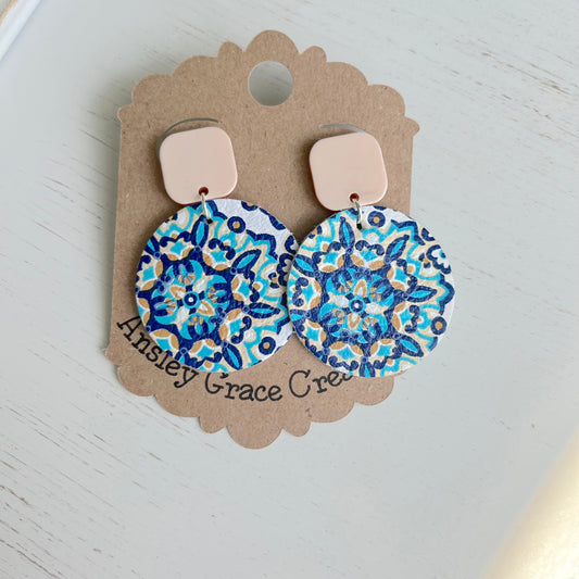 Printed Leather Medallion Earrings