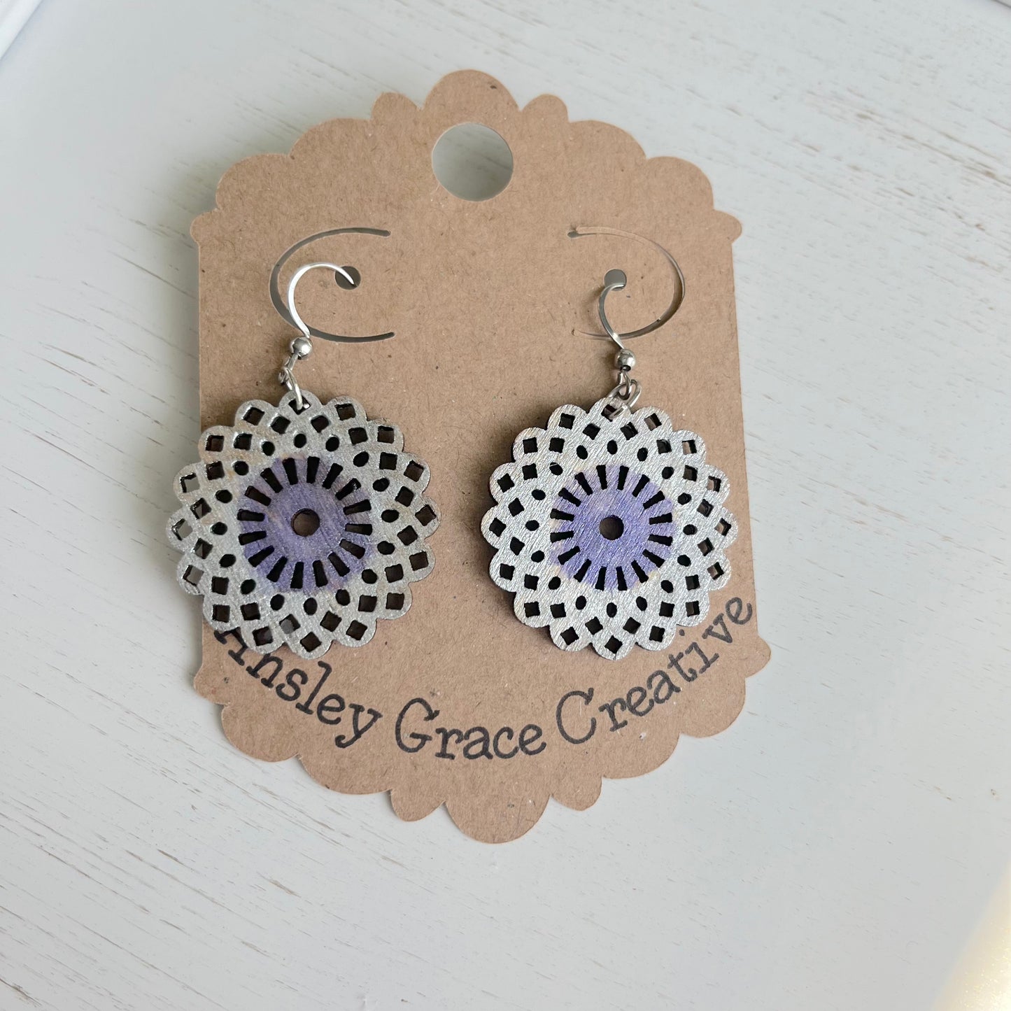 Silver and Purple Wood Medallion Earrings