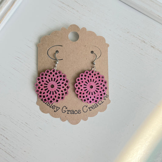 Pink Medallion Wood Earrings