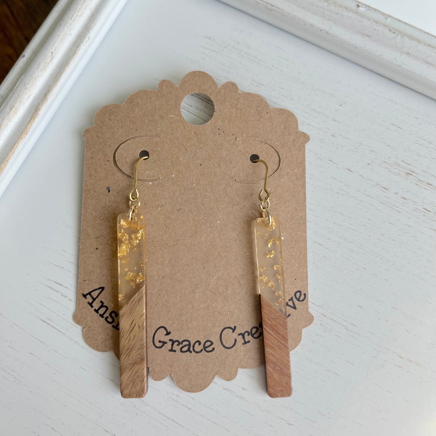 Gold Flake Resin and Faux Wood Earrings