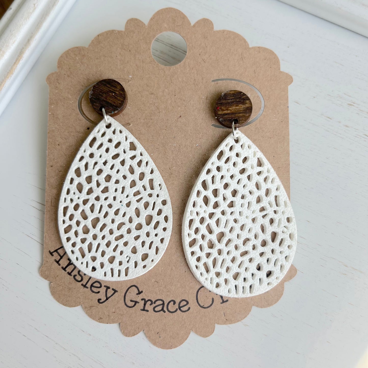 White Suede  and Wood  Earrings