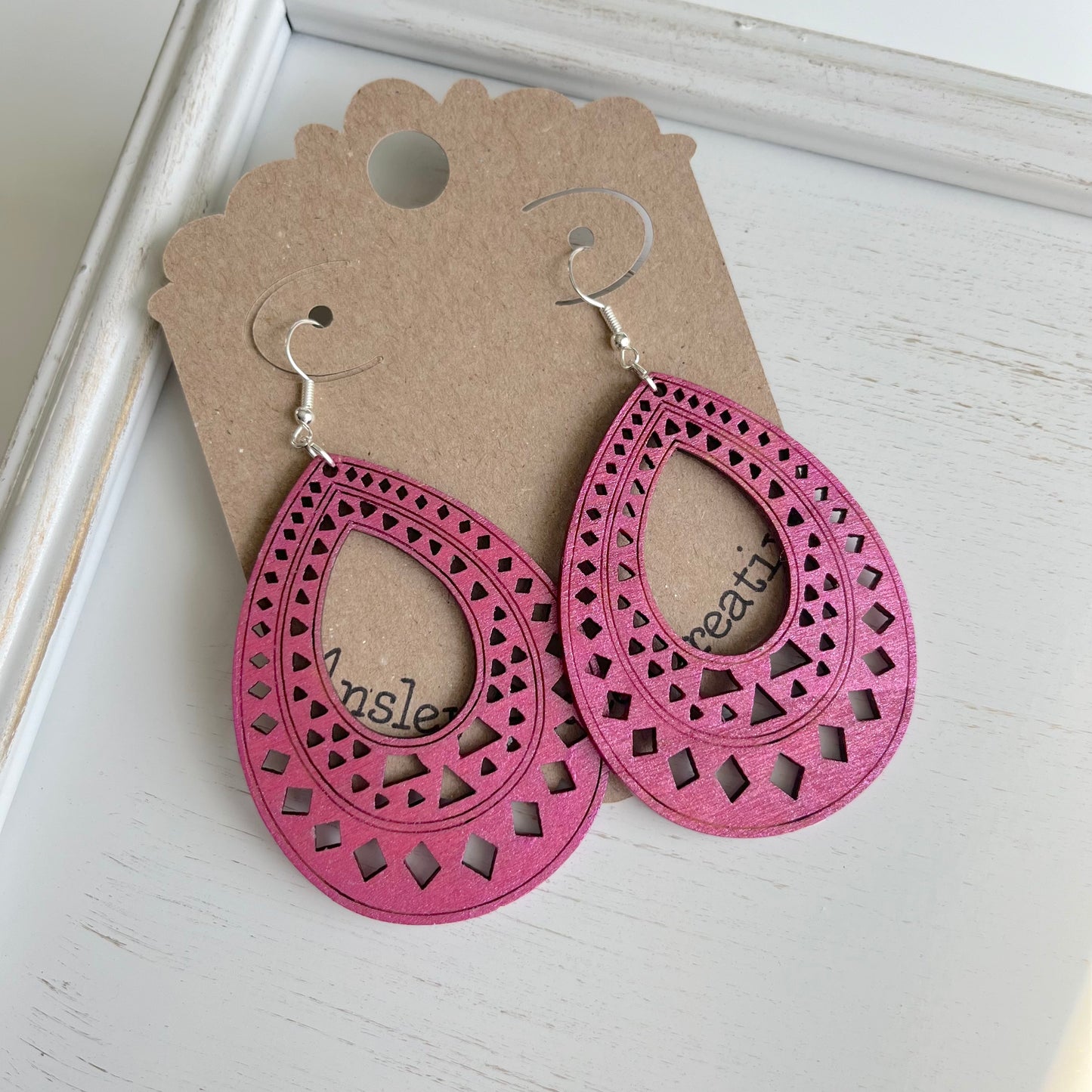 Pink Teardrop Wood Earring