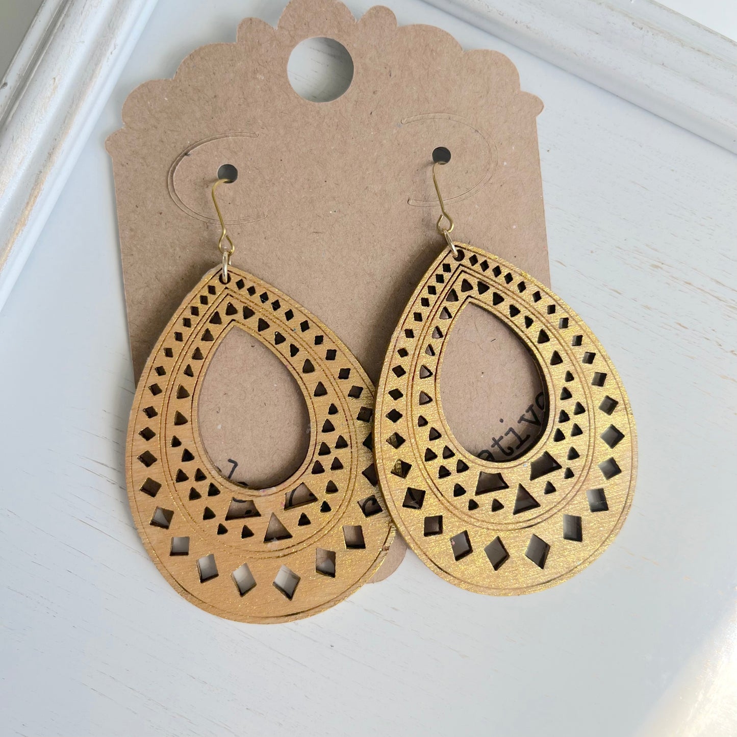 Gold Teardrop Wood Earring