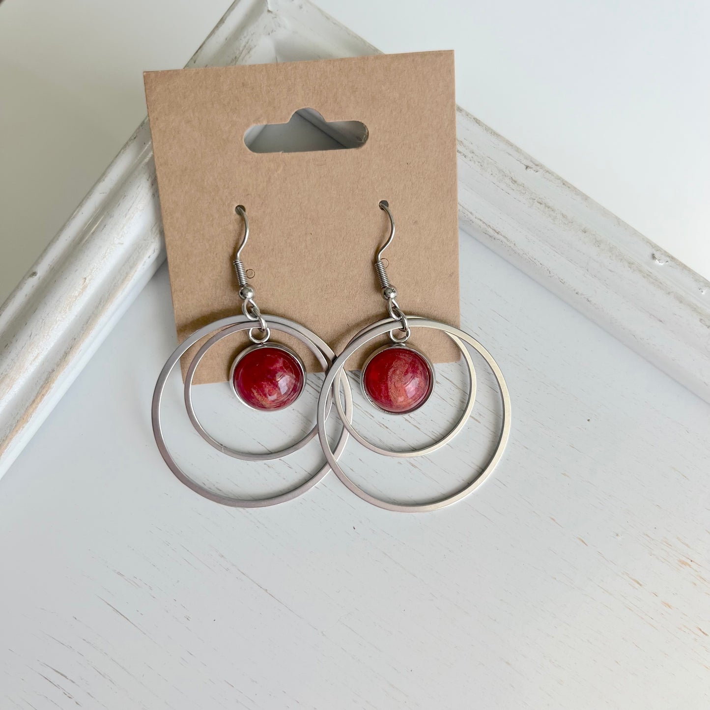 Red Stone Concentric Stainless Steel Earring