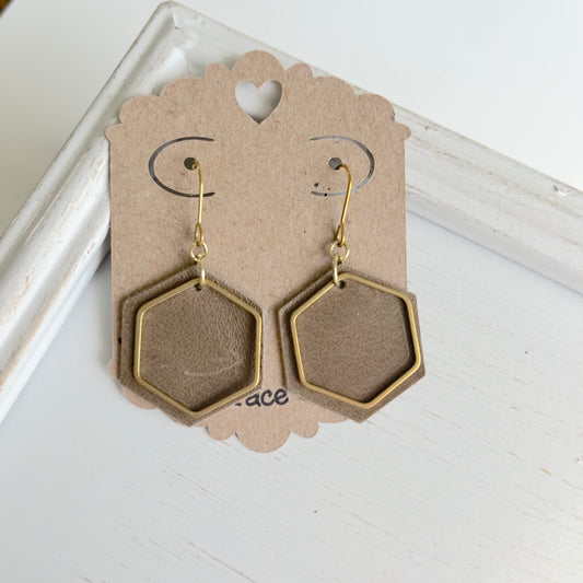 Light Brown Leather Hexagon Earrings