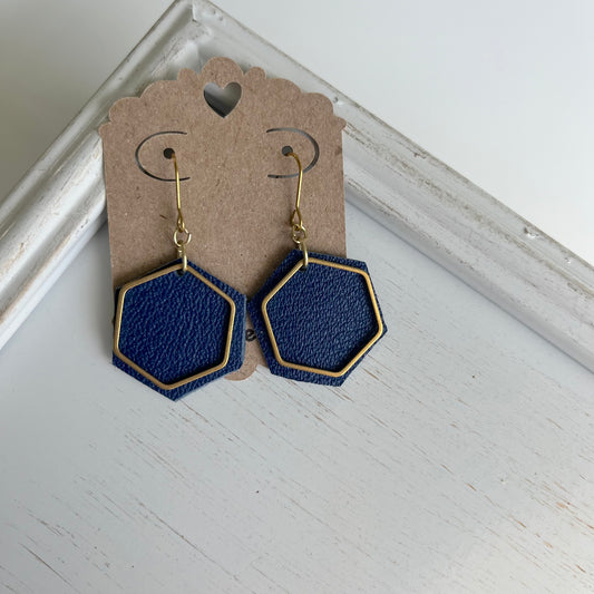 Blue Leather Hexagon Earrings