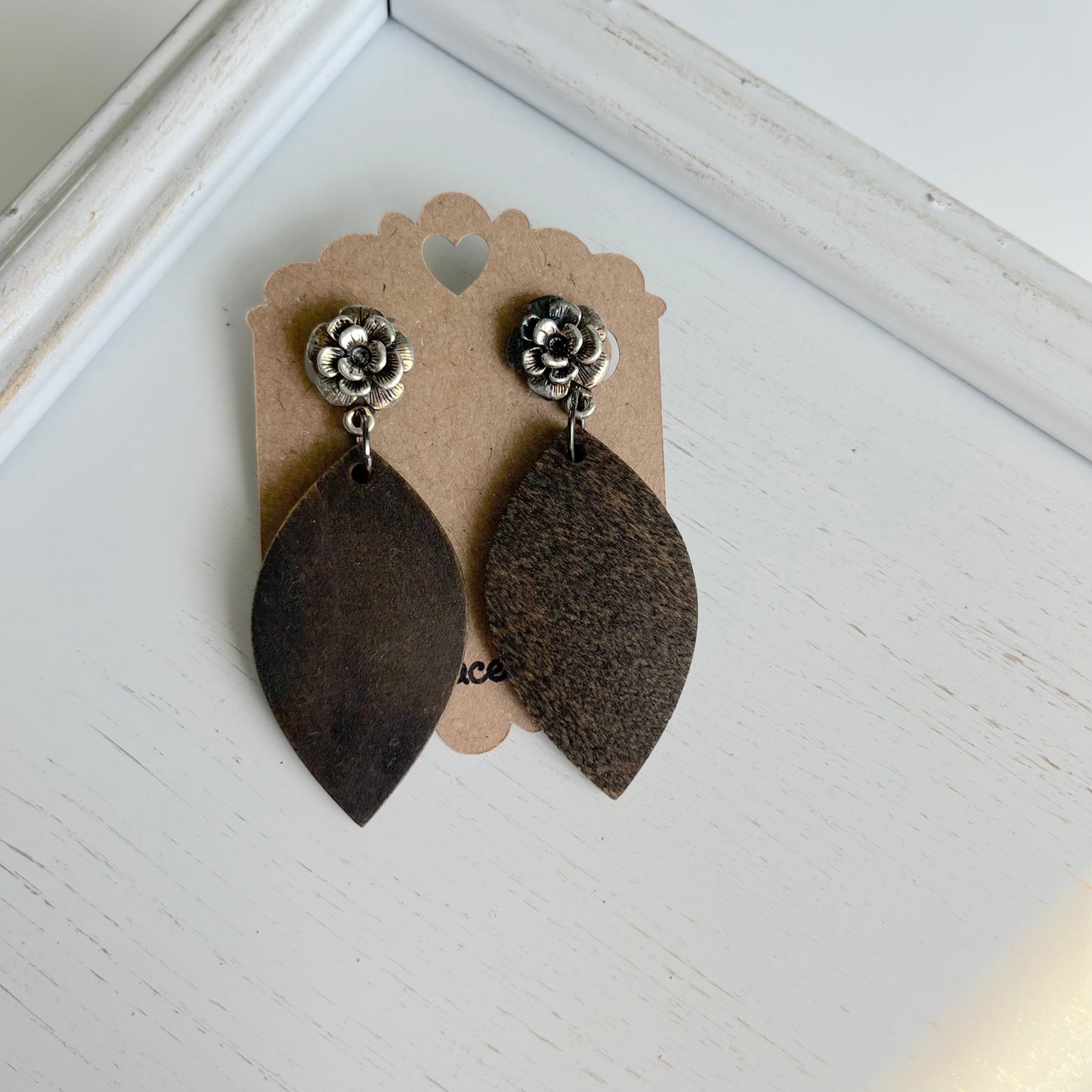 Silver Flower and Wood Earrings