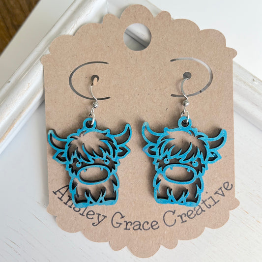 Blue Highland Bull Wood Earrings