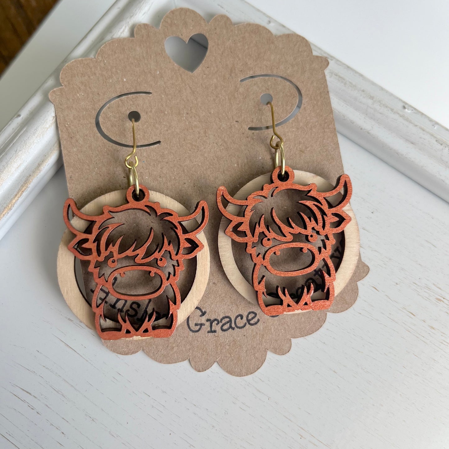 Brown Highland Bull Wood Earrings