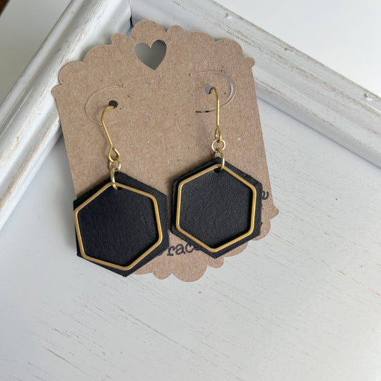 Black Leather Hexagon Earrings