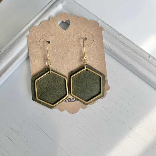 Olive Green Leather Hexagon Earrings