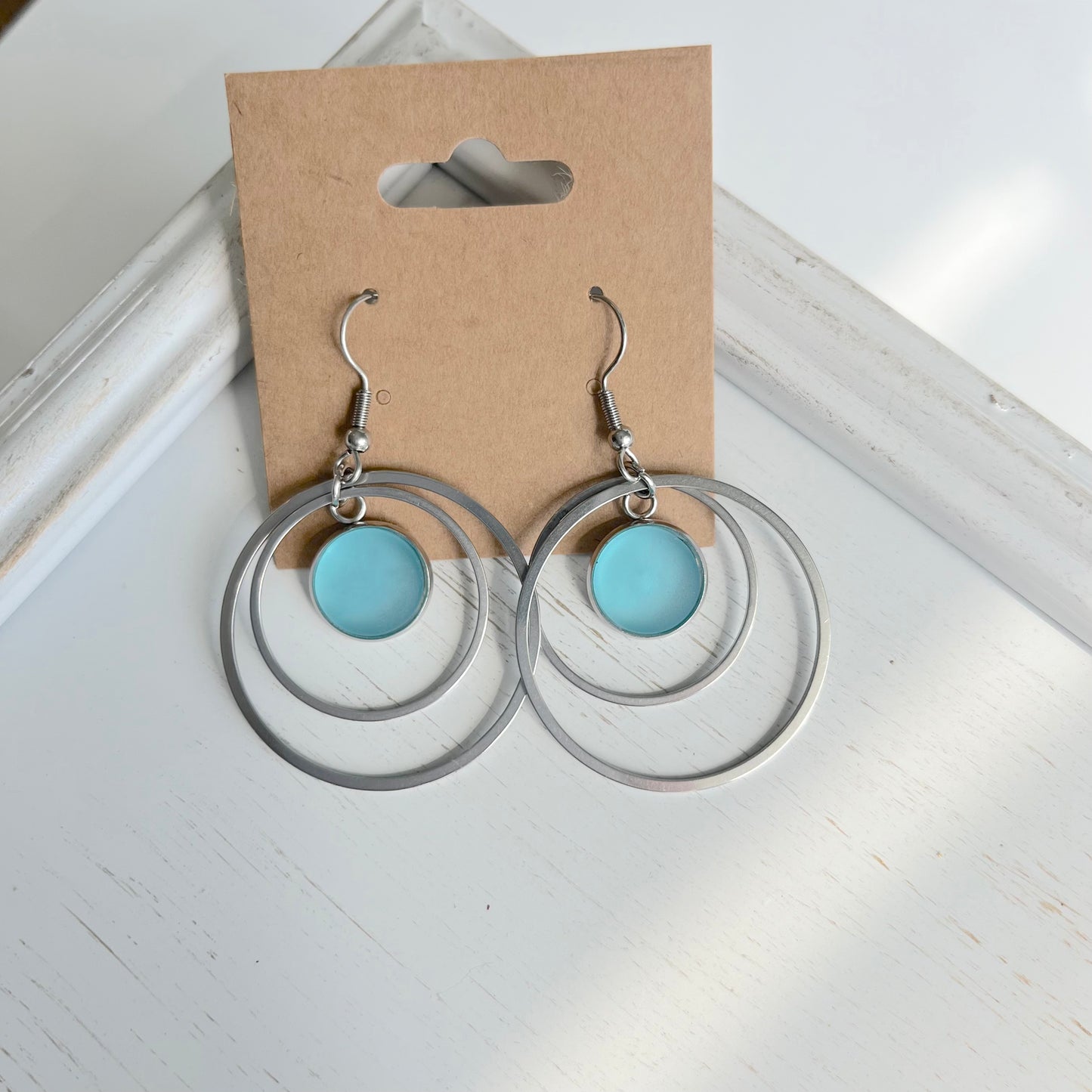 Blue Glass Stone Concentric Circles Earrings