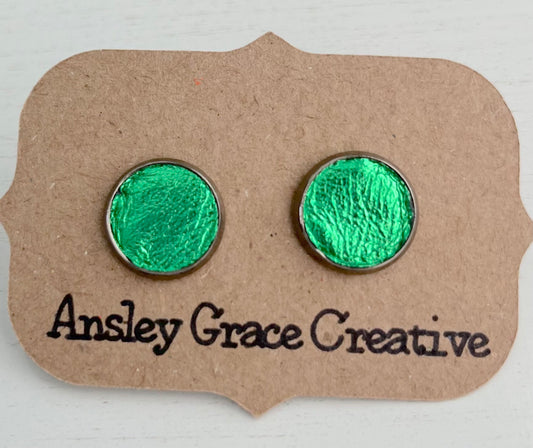 Green Leather Stud Earrings