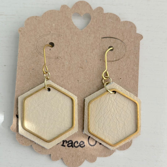 White Leather Hexagon Earrings