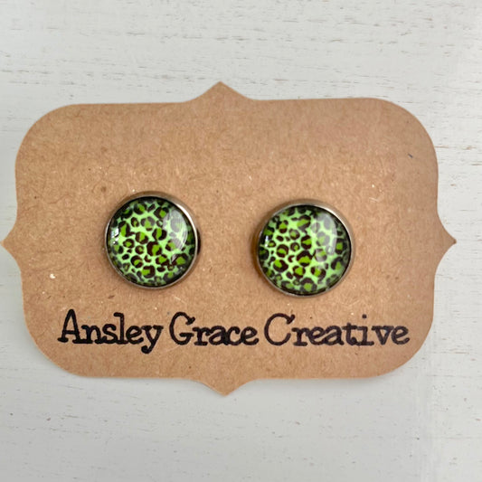 Green Leopard Glass Studs