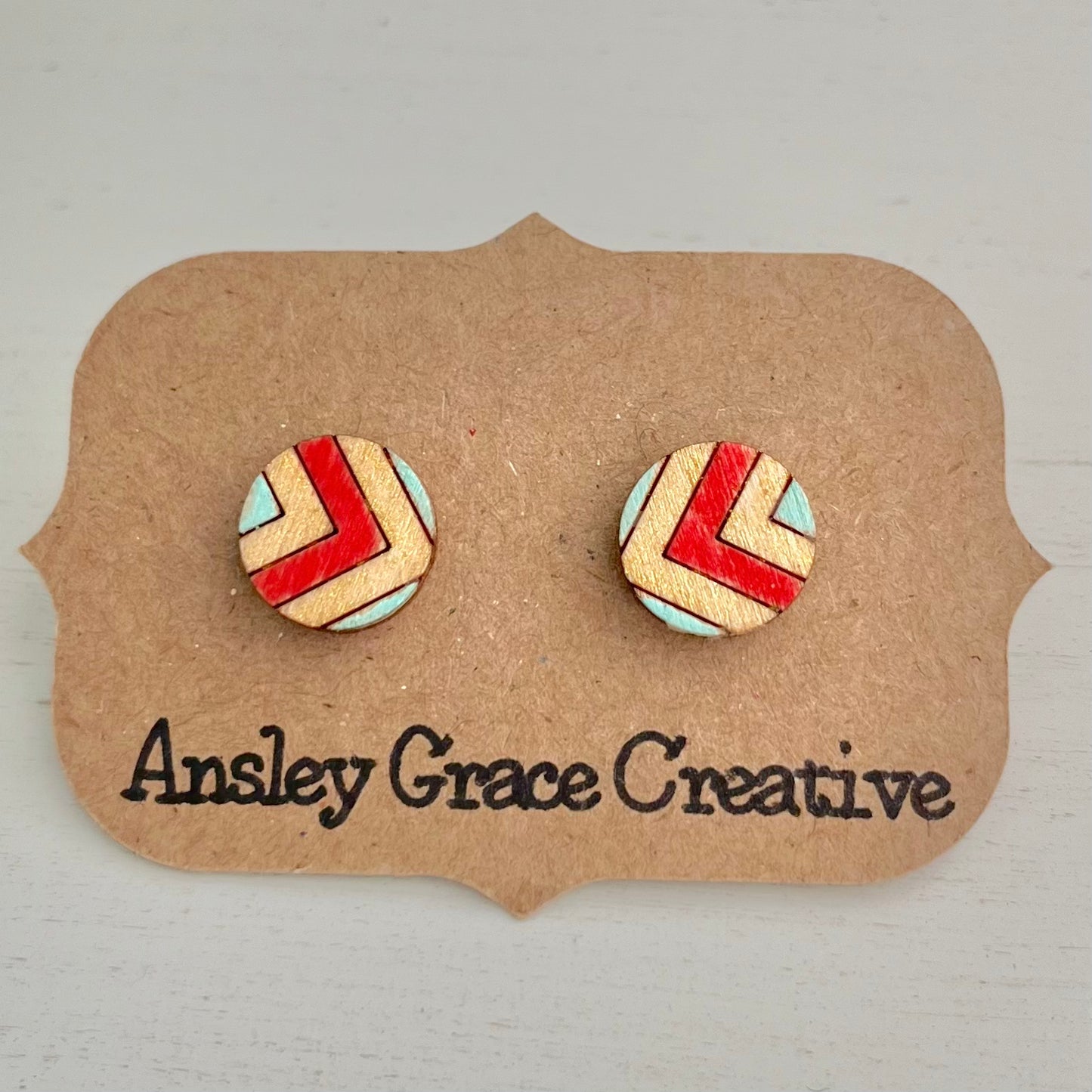 Coral and Gold Chevron Wood Studs