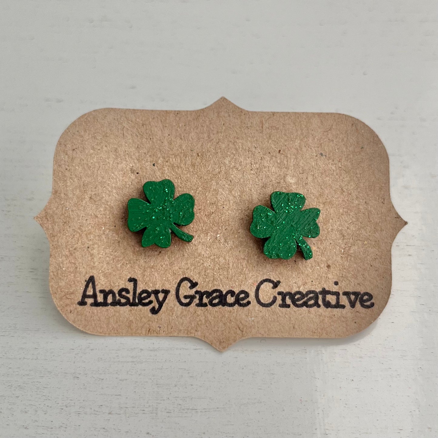 Green Four Leaf Clover Wood Studs