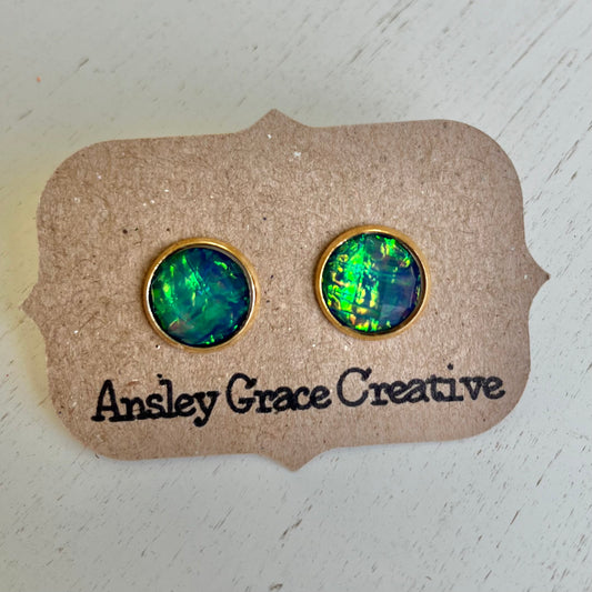 Blue Green Cut Stone/ Gold Stud