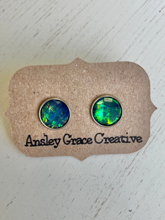 Blue Green Cut Stone/ Silver Studs