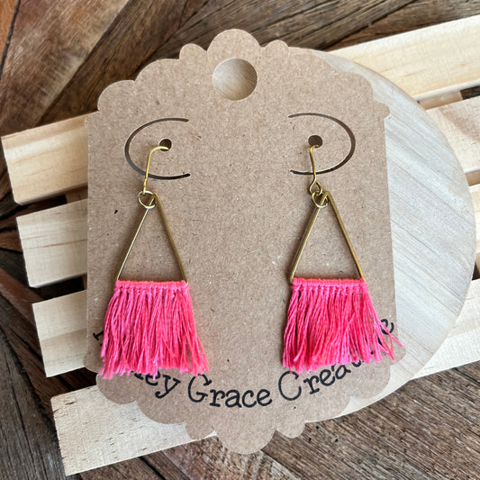 Pink Fringe Triangle Earrings