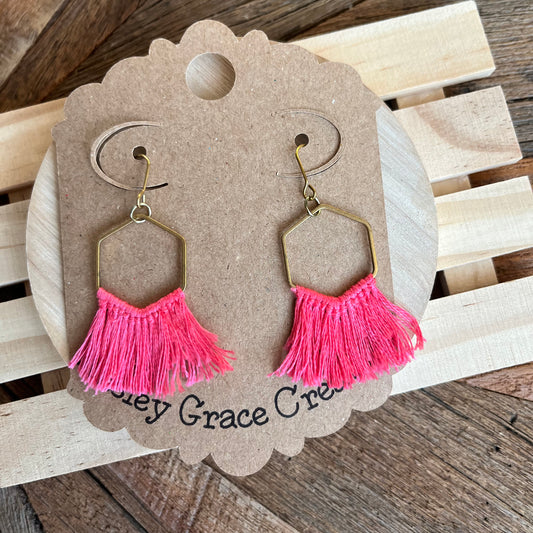 Pink Fringe Hexagon Earrings