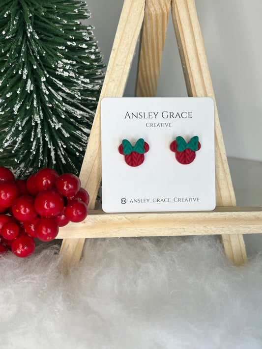 Red Knitted Minnie Studs with Green Bow